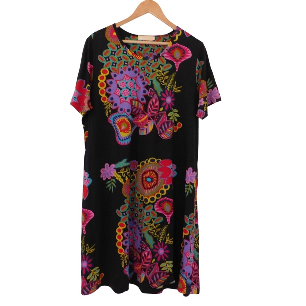 La Cera Womens T Shirt Muumuu Patio Dress Short Sleeve Midi Black Abstract Sz 1X